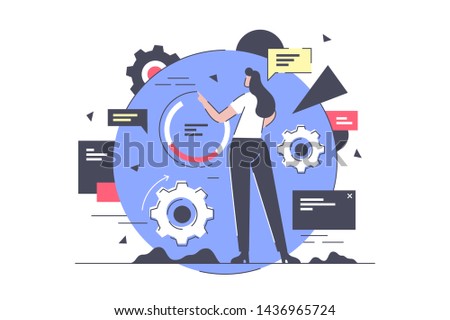 Flat isolated businesswoman in progress at work. Concept woman character with graph, gears and business message for settong interface. Vector illustration.