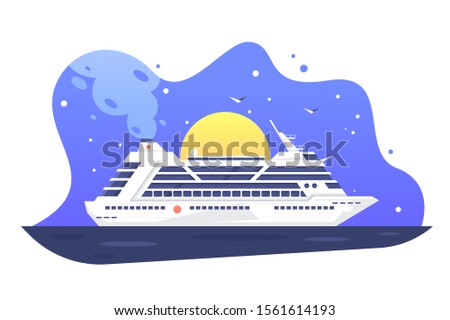 Modern passenger cruise liner away tropical harbor vector illustration. Arrival of luxury cruise ship in ocean in early morning right after sunrise flat style design. Tourist concept