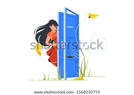 Abstract vector illustration of woman opening door for unsubscribe. Isolated concept young beautiful girl character using paper plane and mail.