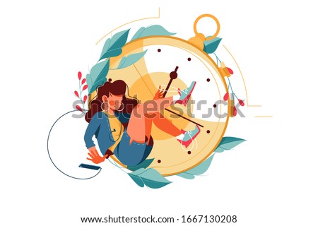 Attractive girl silhouette using smartphone kills time near clock. Isolated concept woman character relax and have break time for rest. Vector illustration.