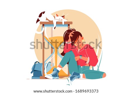Girl waiting for something vector illustration. Young woman sitting near big hourglass and looking at watch. Cat on top of sandglass flat style concept