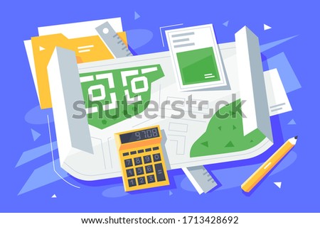 Folder calculator ruler and pencil on table vector illustration. Planning for development project flat style. Business and conceptual idea concept. Isolated on blue background