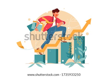 Young man hurry up consisting of finance graph. Isolated concept female employee character person with document folders, career growth with arrow. Vector illustration.