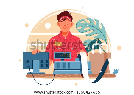 Young smiling man cash register at the workplace in supermarket, shop. Concept funny male employee cashier, worker using modern technology at workspace. Vector illustration.