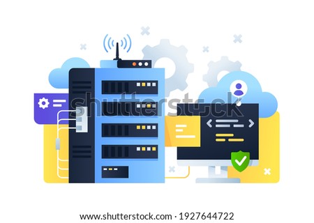 Computer system with cloud servers sending signal and code programming on computer digital and online technology Concept using modern connected pc technology with wireless upgrade. Vector illustration.