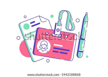 Hr manager badge for employee with documents or resume with pen. Isolated concept of female worker equipment using show identity with id card. Vector illustration.