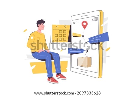 Man wait for delivery, watch online route on smartphone vector illustration. Customer wait for order flat style. Delivery, shipping concept