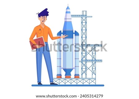 Engineer Presenting Rocket, vector illustration. Professional showcasing space exploration technology.