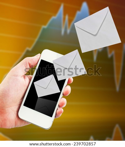 Mobile phone with new message received with stock exchange background.