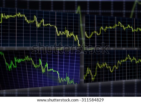 Stock exchange trade chart bar candles macro close-up. Display of Stock market quotes. Background with stock diagram on monitor.
