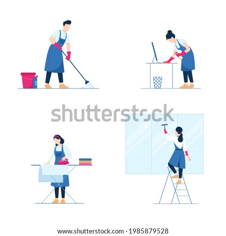 Cleaning service illustration set. Vector illustration on white background. Washing the floor. Dust off. Ironing clothes. Clean windom.