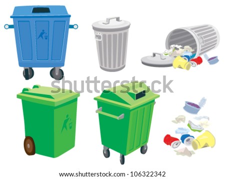 Rubbish and garbage cans and a basket