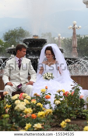 The groom and the bride near a fountain