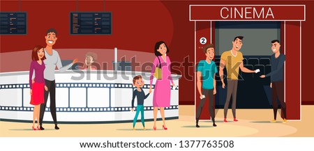 People going to cinema cartoon vector illustration. Popular family movie. Cartoon characters in movie theater on weekend. Worker checking tickets flat drawing. Couple choosing seats. Film premiere