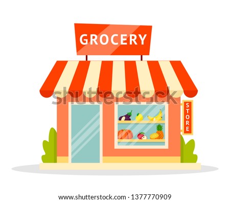 Grocery shop facade flat illustration. Eco, organic store building exterior. Vegetarian, vegan products, goods assortment. Fruits and vegetables market isolated clipart. Shopping, commerce, trade