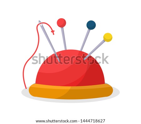 Sewing pin cushion flat vector illustration. Pins and needle with thread in pincushion isolated clipart. Sewing accessories and supplies cartoon drawing. Craft, embroidery, tailoring items