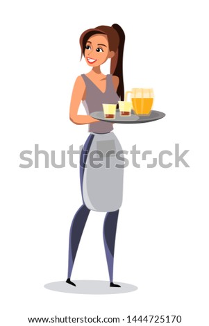 Waitress carrying tray in pub vector illustration. Employee in uniform. German restaurant, bar staff. Woman bringing order for customer. Octoberfest waitress. Beer, alcoholic beverage in bottle