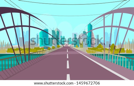 Modern city bridge flat vector illustration. Bridgework over river. Empty highway with no people and transport. Urban architecture, landscape with skyscrapers. Road to metropolis front view