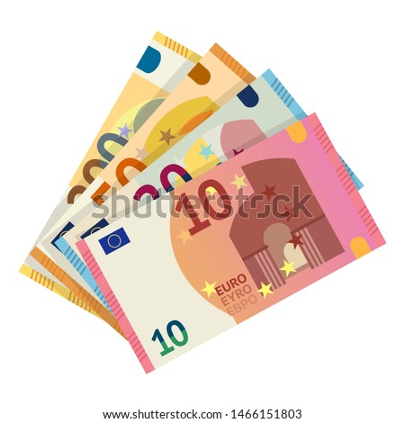 Euro banknotes flat vector illustration. European money currency, paper banknotes isolated clipart on white background. Ten, twenty, fifty, euro cash design elements. Capital, change, payment