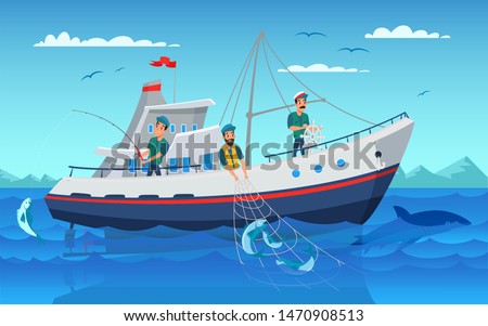 Fishing in boat flat vector illustration. Professional fishermen in vessel cartoon characters. Men catching fish using net. Commercial fishing industry. Ship in ocean. Guy angling with rod drawing
