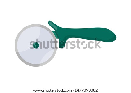 Pizza knife, cutter flat vector illustration. Slicing tool, baker instrument. Sharp stainless steel disk with plastic handle, metal slicer closeup. Cooking equipment, kitchenware item, kitchen utensil