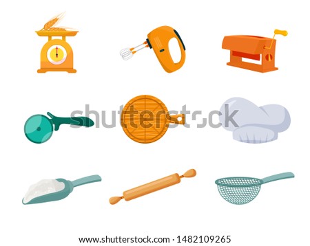 Baker tools flat vector illustrations set. Scales, hand mixer and disk knife. Bakery, kitchen utensils. Pizza plate, scoop and chef hat. Cooking instruments, kitchenware pack. Rolling pin and colander