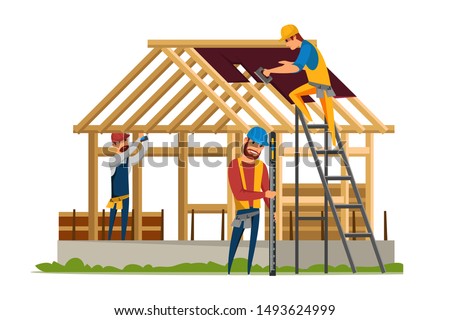 Roofing construction flat vector illustration. House building site, home walls and roof structure. Roofers, carpenters cutting wood male cartoon characters. Professional builders working drawing