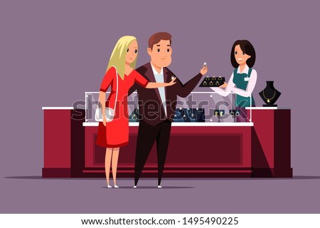 Couple choosing jewelry flat vector illustration. Husband buying golden diamond ring for wife cartoon characters. Boyfriend and girlfriend selecting wedding ring, man purchasing present for woman