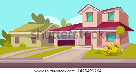 Residential house flat vector illustration. Real estate. Countryside building exterior. Two storey dwelling place with garage. Suburban home facade with garden and lawn. Cottage house leasing