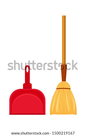 Broom and dustpan flat vector illustration. Household cleaning utensil set, housekeeping tools and equipment isolated clipart on white background. Mop and scoop cleaning supplies design elements