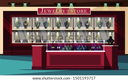 Jewelry store showcase flat vector illustration. Jewels shop banner template. Bijouterie and gems boutique advertising poster layout. Precious stones sale. Wedding rings, gold and silver necklaces