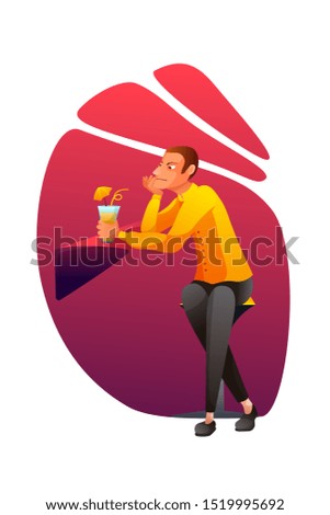 Man drinking cocktail flat vector illustration. Frown guy sitting alone in bar cartoon character. Pub visitor holding exotic beverage with straw and umbrella. Alcohol addiction, unhealthy lifestyle