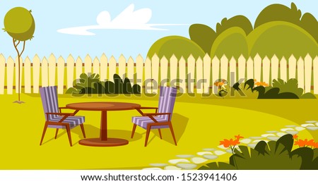 Patio area flat vector illustration. House backyard with green grass lawn, trees and bushes. Cartoon table and chairs garden modern furniture. Outdoor furnished yard for BBQ summer parties