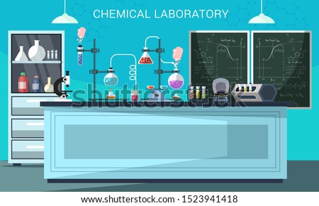 Chemical lab flat vector illustration. Scientific equipment, microscope, flasks with toxic liquid in cartoon chemistry classroom. Pharmaceutical experiments. Medical laboratory banner design