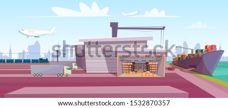 Logistics hub, seaport flat vector illustration. Shipment distribution transport, freight ship unloading at port. Transportation industry, shipping business. Containers, goods import and export