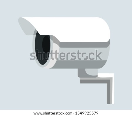 Modern video camera flat vector illustration. Camcorder appliance, monitoring device, professional equipment. Office, home, property defence. Webcam viewing area. Safety, security concept