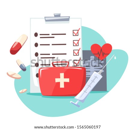 Flat medical paper document for health insurance. Healthcare items as syringe, drugs, doctors red bag, heart symbol, skeleton x-ray, filled patient form with marks. Vector cartoon illustration