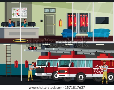 Fire department flat vector illustration. Fireman station two storey building interior.