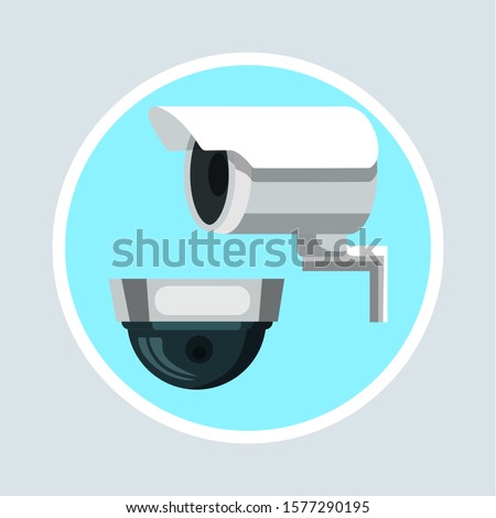 Modern video camera flat vector illustration. Camcorder appliance, monitoring device, professional equipment. Office, home, property defence. Webcam viewing area. Safety, security concept