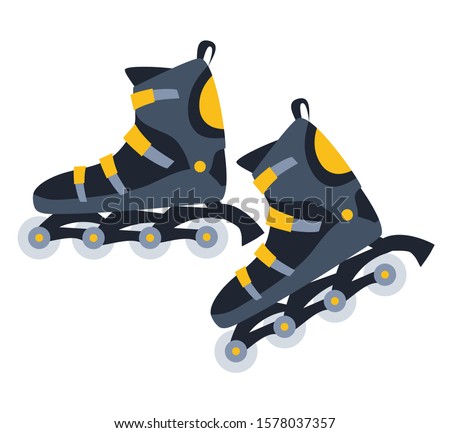 Roller skates flat vector illustration. Cartoon inline skating equipment isolated on white background. Professional rollerblading footwear with wheels. Extreme sports gear. Youth hobby accessory 