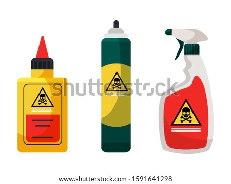 Chemicals for insect extermination and disinfection set. Containers, bottles. Spray, aerosol, liquid toxic poison. Pest control service. Accessories and repellents. Vector cartoon flat illustration