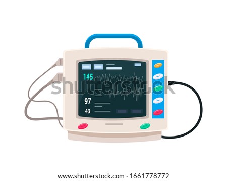 Working monitor for medical equipment flat design. Life-supporting appliance. Digital device for vital signs monitoring. ECG machine displaying heartbeat, pulse, pressure. Vector illustration