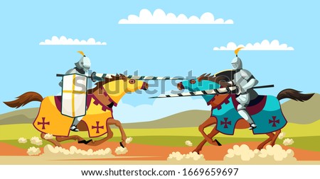 Two armed knights galloping on horseback. Knighthood medieval tournament. Cartoon ancient warriors with peaks and shields fighting riding horse. Jousting game. Vector flat war illustration