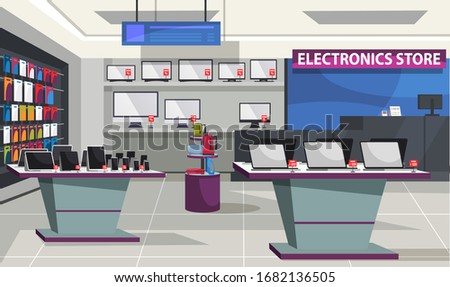 Consumer electronics store interior. Showcase and shelves with laptop computer, digital tablet, mobile phones and television. Information board hanged on ceiling, workplace for shop assistant