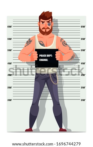 Criminal person mugshot on measuring scale background. Arrested man gangster hold board with debt, charge data in hand. Robbery posing for identification photo at police station. Vector illustration