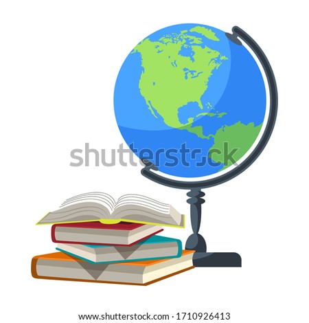 Vector illustration of globe Earth planet and books isolated on white background. Back to school, Day of knowledge, school supplies, Teachers day. Symbol of school and university, education concept