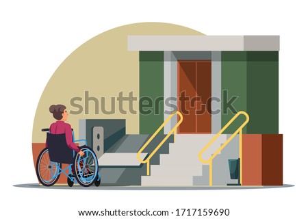 Vector character Illustration of disabilities people scene. Handicapped woman in wheelchair, access ramp in entrance of multi-storey house. Accessible environment, urban infrastructure concept  Photo stock © 