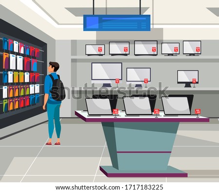 Vector flat Illustration of electronic store. Young man standing appliances shop department, shelves gadgets assortment. Discounts and retail sales of laptop, screens, computers or TV, tech products