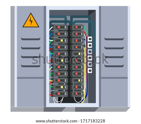 Electrical panel with switcher, fuse, contactor, wire, automatic circuit breaker isolated on white background. Stainless steel switchboard box. Wiring maintenance repair service. Power distribution Stock foto © 
