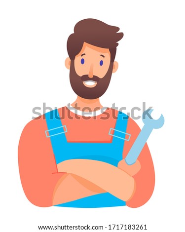 Repairman holding wrench cropped portrait isolated on white background. Smiling bearded mechanic in uniform avatar. Craftsman, workman, technician specialist character with tool. Job profession